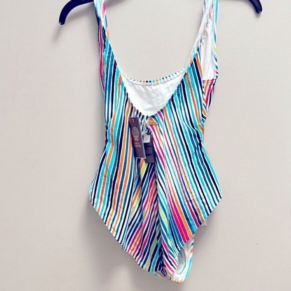 Vince Camuto Striped Women's High-Leg Cut-Out One-Piece Swimsuit swimwear 10 New - Picture 6 of 11